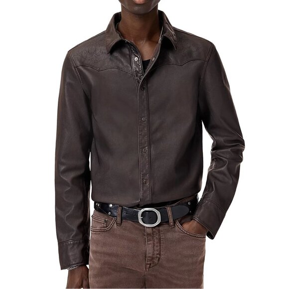 John Varvatos Men's Samuel Western Pearl Snap Leather Shirt Jacket Earth Brown - Picture 7 of 8